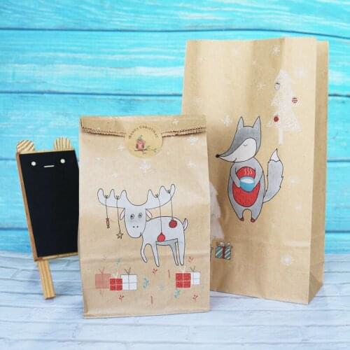 12pcs Christmas Kraft Paper Bag Xmas Stickers Set Fox Moose Gift Paper Bag Stickers Xmas Candy Food Cookies Packing Paper Bags