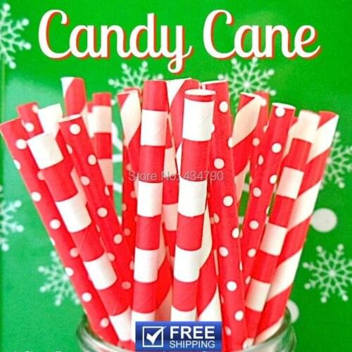 200pcs Mixed 4 Designs Candy Cane Red Paper Straws, Striped, Swiss Dot, Sailor Stripe, Plain, Christmas, New Year Party