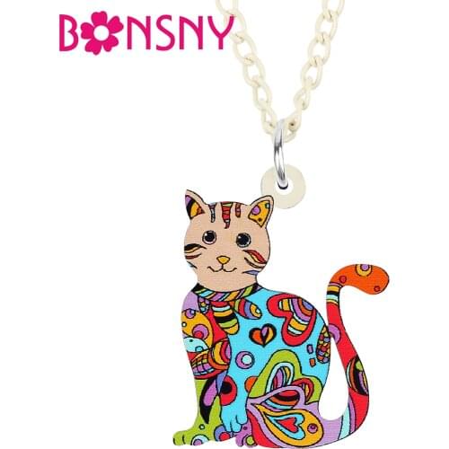 BONSNY Acrylic Sweet Floral Cat Kitten Necklace Pendant Long Fashion Pets Novelty Chain Charm Jewelry Gift For Women Girls Teens