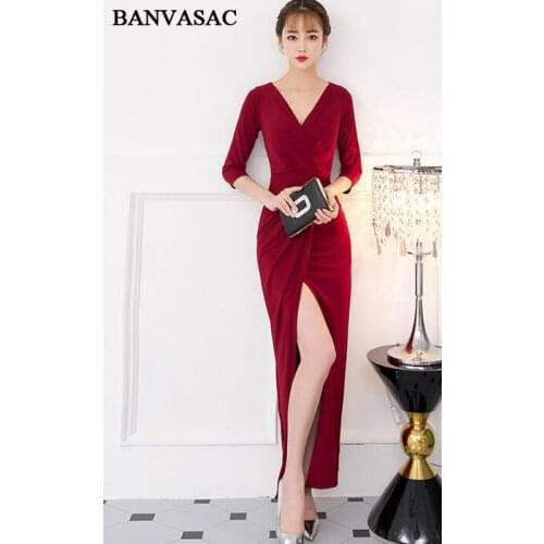 BANVASAC 2018 Sexy Deep V Neck Satin Mermaid Long Evening Dresses Party Elegant Pleat Split Zipper Back Prom Gowns