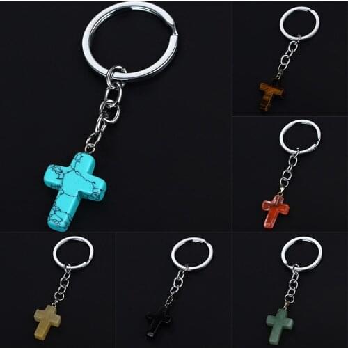 Cross Key Chain Natural Stone Gem Stone Pink Quartz Clear Hearling Fashion New Design Popular Keyring
