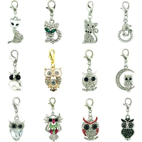 JINGLANG Wholesal Price Mix Order Fashion White Rhinestone Owl/Cat Lobster Clasp Charms For Necklace Jewelry Making Accessories