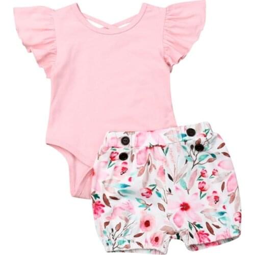 0-24M Newborn Toddler Baby Girl Summer Clothing Set Off Shoulder Pink Romper Top Floral Printed Shorts 2Pcs Outfit Set