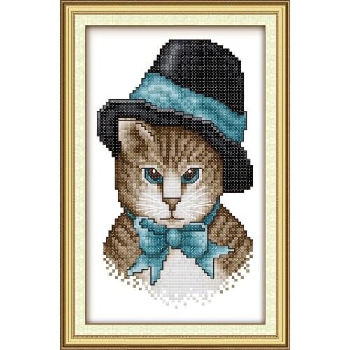 Cat wearing a hat(3) Printed Canvas DMC Counted Chinese Cross Stitch Kits printed Cross-stitch set Embroidery Needlework