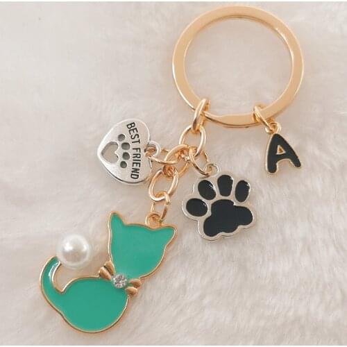 Cute cartoon keychain A-Z letter enamel cat pearl keychain for keychain holder gift women keychain
