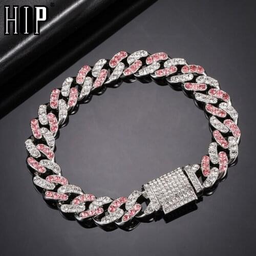 Hip Hop 11MM Bling Iced Out Silver Color Pink Cuban Chain Full AAA Crystal Pave Mens Bracelet for Men Women Jewelry