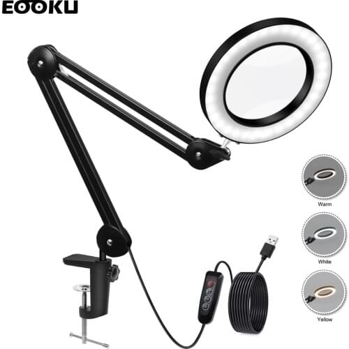 EOOKU 8W USB Large Bracket Clip Table Lamp 5X Magnifying Glass Desk Light 3-Color 10-Level Dimming For Reading/Work/Nail Art