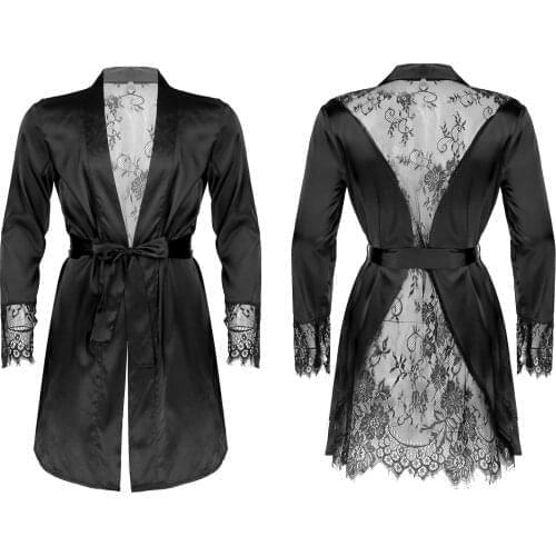 Men See-Through Floral Lace Patchwork Satin Night-Robe Nightwear Long Sleeve Kimono Belted Bathrobe Sleepwear