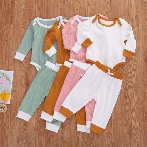 2020 Autumn Toddler Infant Baby Girl Clothing O-Neck Cotton Long Sleeve Solid Color Top Romper Pant Set Outfit