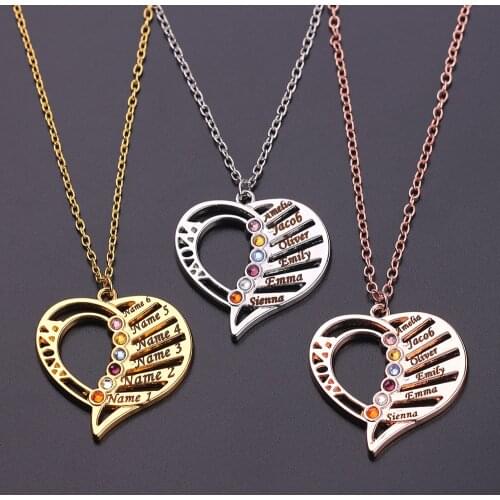 Custom necklace jewelry heart-shaped pendant crystal lucky stone family gift engraved with 6 names fashion stainless steel