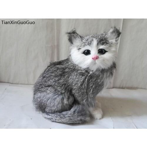 About 18x16cm plastic&fur gray squatting cat hard model prop craft home decoration toy gift w0559