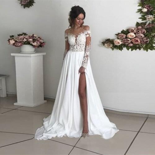Vestido Noiva Boho Long Sleeves Wedding Dresses Sheer Neck Appliques Side Slit Bridal Dresses Sexy Beach Chiffon Wedding Gowns