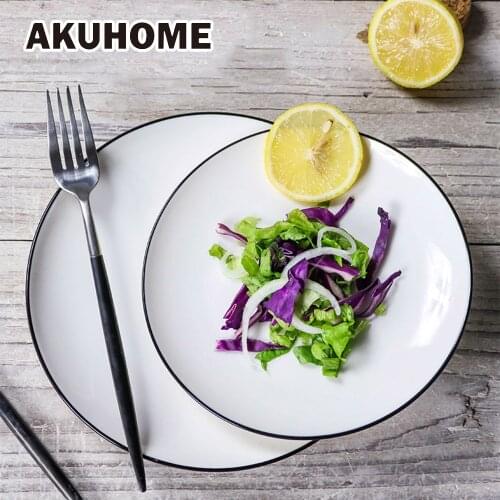 Simple European Style Ceramic Plate Black Stripe China Bone Soup Plate 4 6 7 8 10 Inch Fish Plate