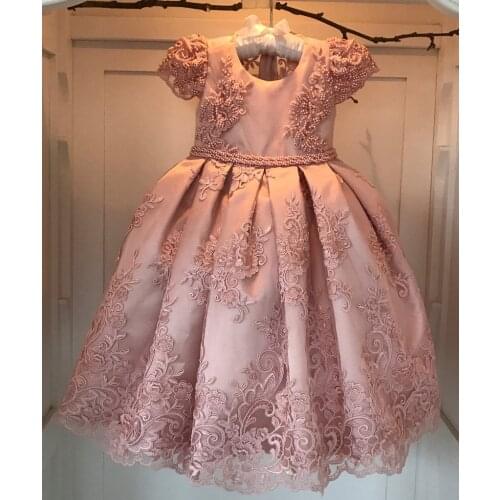 Luxurious Pearls Beaded Pink Flower Girls Dresses Wide Pleated Lace Overlay little Girls Ball Gowns for Wedding 2-12 Years Old