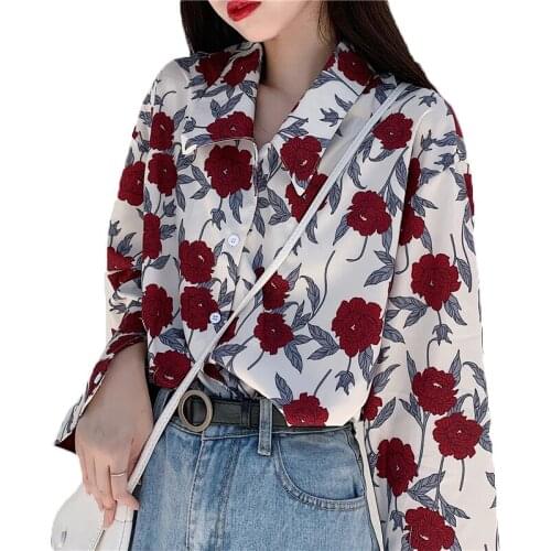 Hong Kong style Flower Shirts Women Spring Autumn Blouse 2021 New Retro Long-sleeved Shirt Loose Top blusas mujer de moda 163A