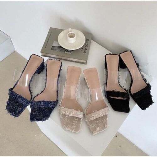 Double band denim tassel sandals women chunky heel clear belt slippers women transparent gladiator sandalias mujer fringe slides