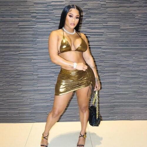 SKMY 2021 Summer New Sexy Two-Piece Breast Wrap Pleated Drawstring Fashion Short Skirt Suit Female Backless Buttocks Skirts