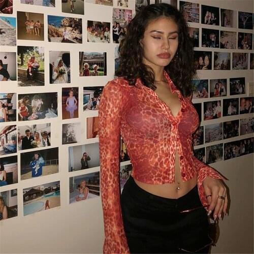 Women Personality Leopard Crop Top Casual Shirts Sexy Long Sleeve Single-Breasted Buttons Blouses Ladies Female Clothes Spring