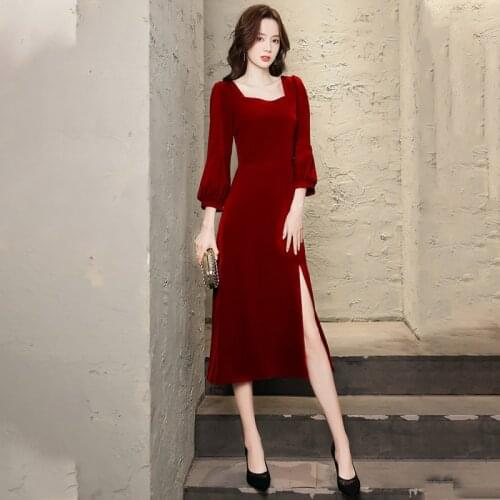 Special Occasion Dresses Vintage Square Collar Three Quarter Luxury Burgundy Knee-Length A-Line Backless Women Prom Gown E1029