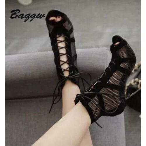 Women Sandals Summer Fashion Sexy Lace Up Cross-tied High Heel Ankle Strap Net Surface Hollow Out Party Piscine Mouth Shoe 2021