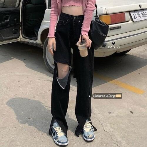 Womens 2021 Summer New High-waist Straight-leg Mopping Long Pants with Ripped Jeans Suitable for Thick Hips and Thighs
