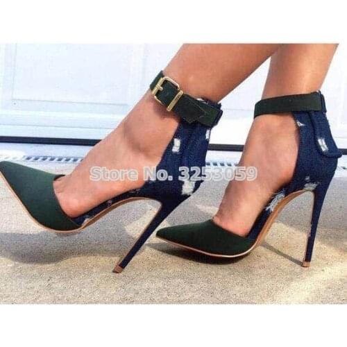 Young Ladies Sexy Pointed Toe Blue Denim Cut-out Patchwork Dress Shoes Army Green Color Block Ankle Buckle Strap Gladiator Pumps