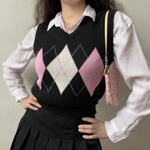 Woman sweaters kawaii Vintage sweater vest korean v neck argyle sweater vest knitted sleeveless sweater cute