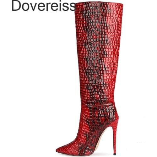 Winter Woman New Fashion Sexy Consice Red Pointed Toe Snakeskin Stilettos Heels Knee High Boots Big Size 46 47