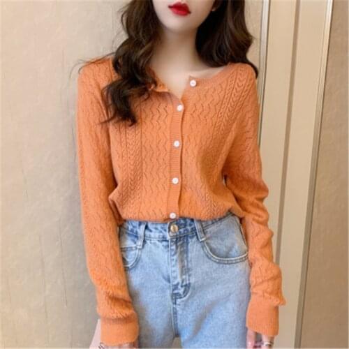 2021 Woman Short cardigan Knitted Sweater Autumn Winter Long Sleeve Round Neck Jumper Casual Fashion Loose Hollow Sweater Coat