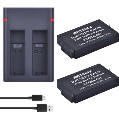 2Pcs 2720mAh Gopro Fusion Battery Accu+Dual USB Charger with Type C Port for Gopro Fusion 360 Degree Camera ASBBA-001 Battery