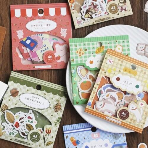 45Pcs Sweet Life Series Journal Decorative Animal Stickers Scrapbooking Stick Label Diary Stationery Album Plant Flower Stickers