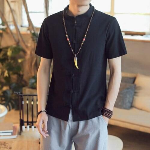 #8105 Short Sleeve Shirt Men Stand Collar Vintage Casual Cotton Linen Shirt Regular Fit Chinese Style Plus Size 5XL White Black