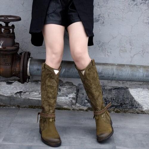 Artmu Original Warm Plush Knee-high Boots Thick Sole Middle Heel Canvas Women Boots Personalized Tassel Leather Boots New Winter