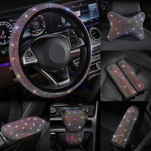 Bling Rhinestones Crystal Car Steering Wheel Cover Gear Shift Pad Car Styling Auto Handbrake Shift Belt Interior Accessories