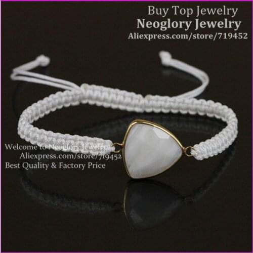 10pcs Milky White Color Triangle Beads Macrame Bracelet,Gold Color House Faced Quartz Beads Bracelet,Gems Stone Rope Bracelet