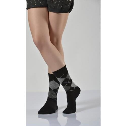 Idilfashion Women Konç Part Checker Socket Socks-Black-B-ART015 (3'LÜ PACKAGE)