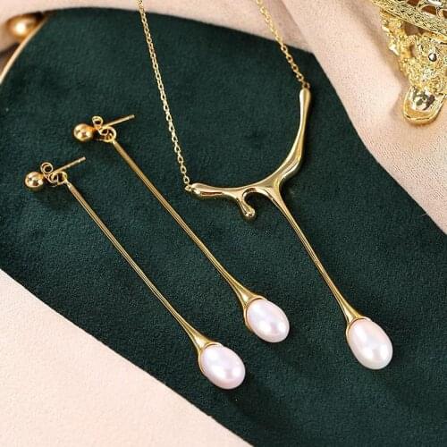 S925 Sterling Silver Gilding Pearl Two-Piece Set Gift Fashion European and American Style Light Luxury Minority Simple Long Earr