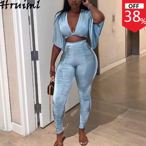 Two Peice Set for Women Sexy V Neck Short Tops Pencil Pants Outfits Set High Waist Long Stacked Trousers Joggers Suit Sets 2020