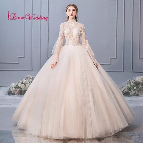 New Arrival High Neck Lace Applique Beaded Ball Gown Wedding Dress Custom made Court Train Bridal Muslim Wedding Gown