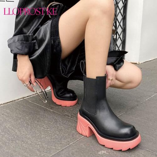 Lloprost ke 2021 Hot Genuine Leather Shoes Women High Heel Platform Shoes Ladies Ankle Boots Fashion Cool Chelsea Boots Women