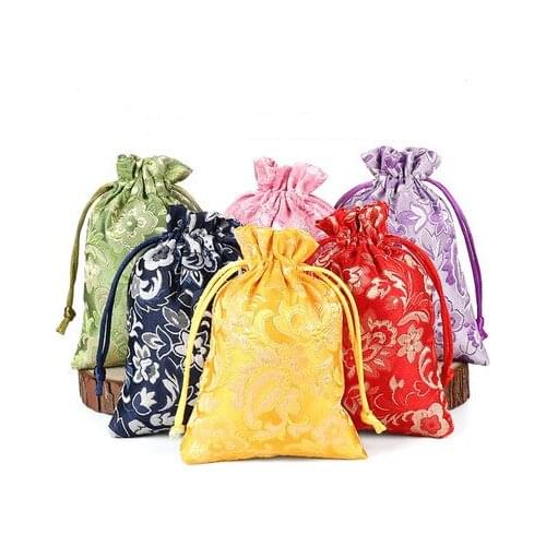 50pcs Floral Small Drawstring Gift Pouches wholesale Silk Satin Cloth Jewelry Packaging Wedding Party Favor Bags