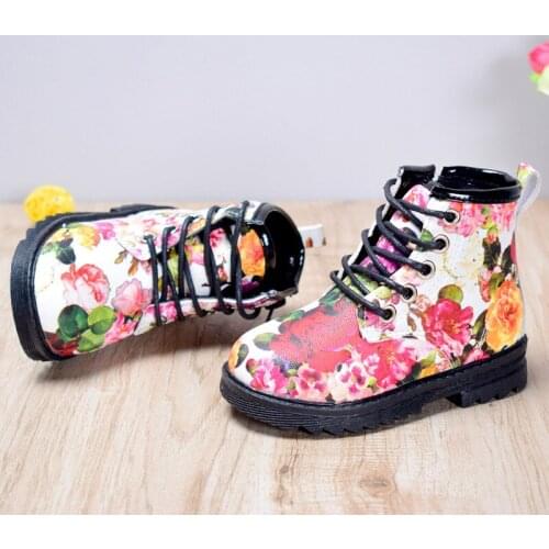 2021 New Autumn Girls Boots Pu Leather Waterproof Kid Baby Boots Shoes Fashion Flower Zip Rome Little Girl Martin Boots