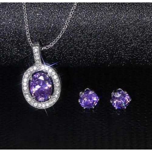 Charm Silver Color Stud Earrings Dainty Round Zircon Wedding Chain Necklace Classic Female Purple Crystal Jewelry Sets For Women