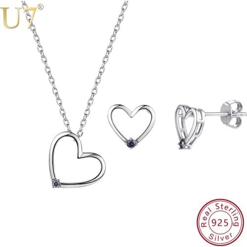 U7 925 Sterling Silver Love Heart Necklace And Stud Earrings Set With Gem Mothers Day Gifts for Girlfriend Women Jewelry SC91