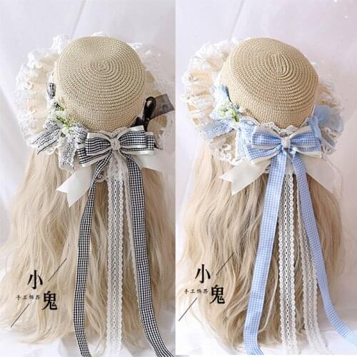 Princess Lolita Pastorale Style French Retro Lace Bow plaid Straw hat Flat Cap Mori Girl Sunshade Long Ribbon Handmade Weave Hat