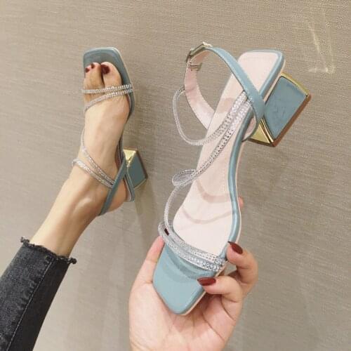 Sandals female shoes ins tide 2020 new summer open toe word with rhinestone fairy shoes thick 5CM heel high heels