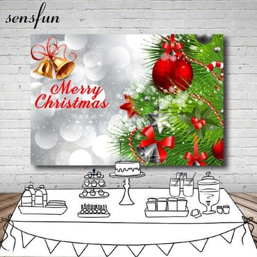 Sensfun Gold Bell Christmas Tree Red Bow Ball Bokeh White Snowflake Backdrop Photo Photography Background 7x5ft Vinyl