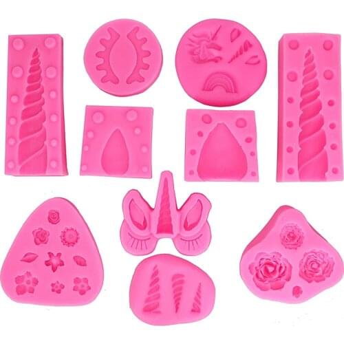 Unicorn Fondant Silicone Mold 10 PCS 3D Unicorn Horn Ears Eyelash Cake Topper Mold Set Cake Decoration Mold For Birthday Party