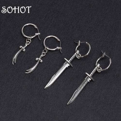 SOHOT Retro Tibetan Silver Punk Dagger Sword Knife Pendant Men Hoop Earrings Chic Trendy Female Man Jewelry Bijoux Gift