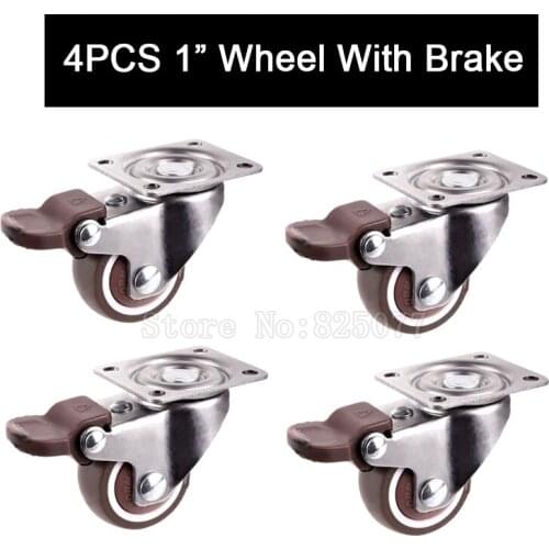 Brand New 4PCS 1'' Metal Top Swivel Wheels Tpe Rubber Super Mute Furniture Casters w Brake